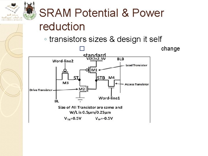 SRAM Potential & Power reduction ◦ transistors sizes & design it self � standard