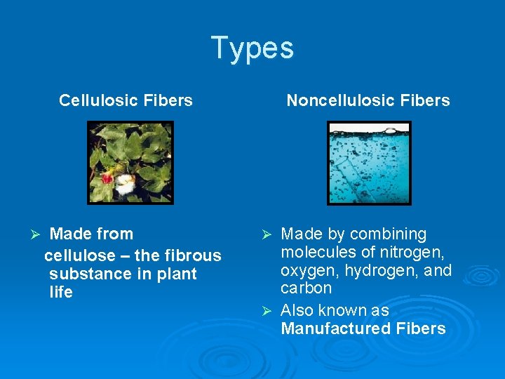 Types Cellulosic Fibers Ø Made from cellulose – the fibrous substance in plant life