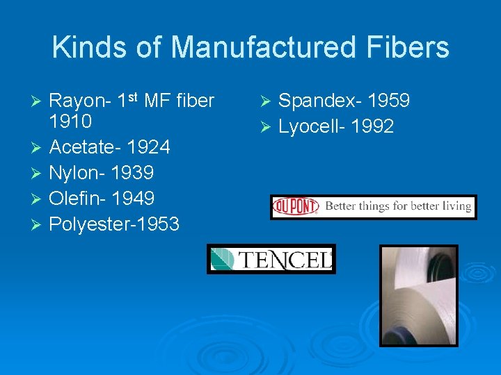 Kinds of Manufactured Fibers Rayon- 1 st MF fiber 1910 Ø Acetate- 1924 Ø
