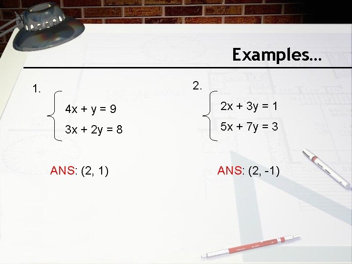 Examples… 2. 1. 4 x + y = 9 2 x + 3 y