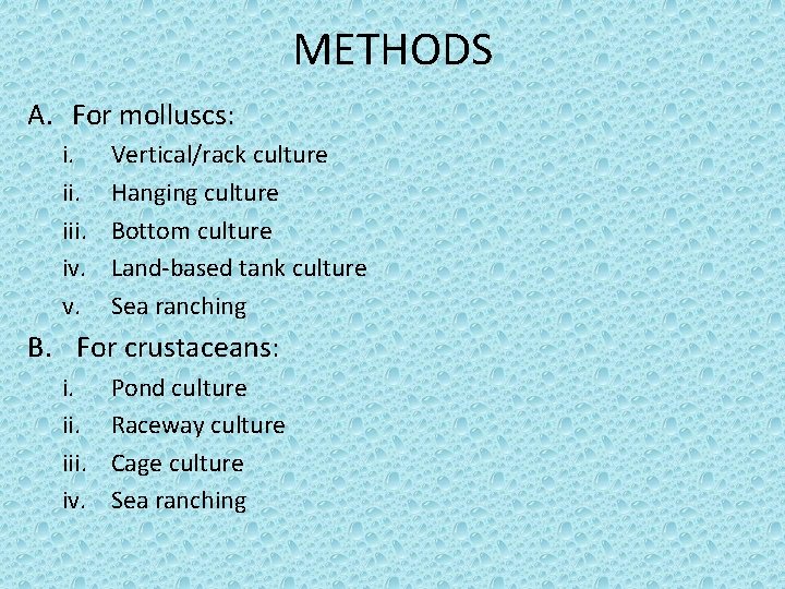 METHODS A. For molluscs: i. iii. iv. v. Vertical/rack culture Hanging culture Bottom culture METHODS A. For molluscs: i. iii. iv. v. Vertical/rack culture Hanging culture Bottom culture