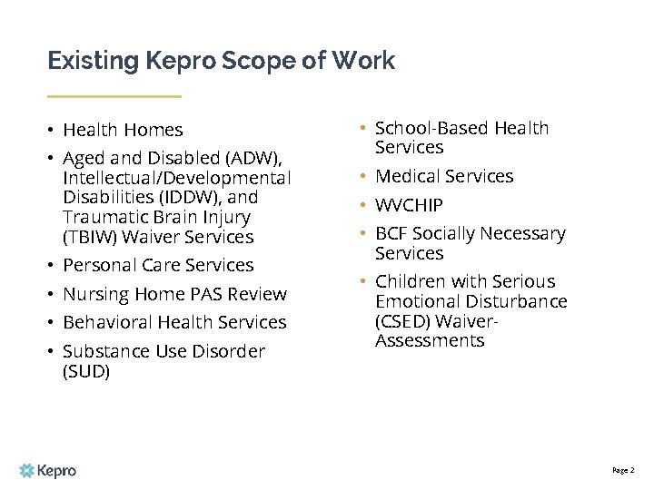 Existing Kepro Scope of Work • Health Homes • Aged and Disabled (ADW), Intellectual/Developmental
