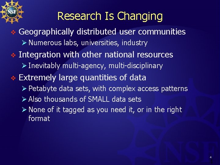 Research Is Changing v Geographically distributed user communities Ø Numerous labs, universities, industry v