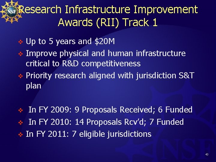 Research Infrastructure Improvement Awards (RII) Track 1 Up to 5 years and $20 M