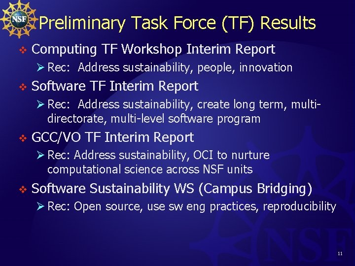 Preliminary Task Force (TF) Results v Computing TF Workshop Interim Report Ø Rec: Address