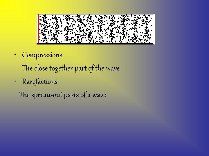  • Compressions The close together part of the wave • Rarefactions The spread-out