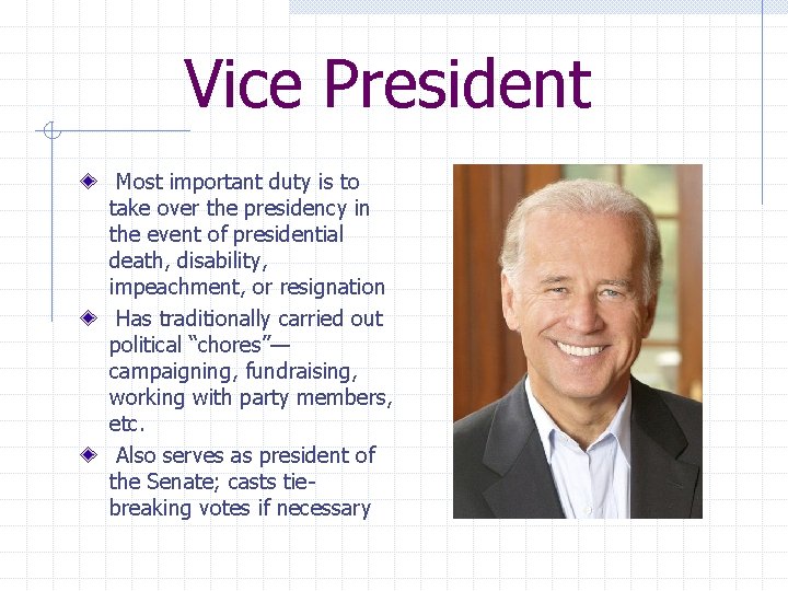 Vice President Most important duty is to take over the presidency in the event