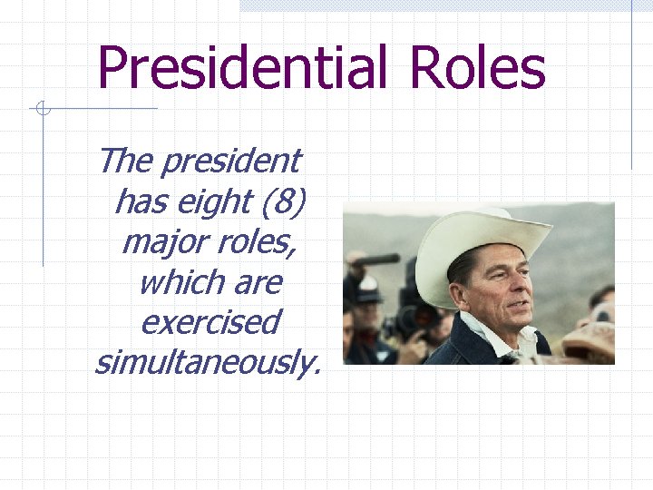 Presidential Roles The president has eight (8) major roles, which are exercised simultaneously. 