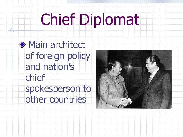 Chief Diplomat Main architect of foreign policy and nation’s chief spokesperson to other countries