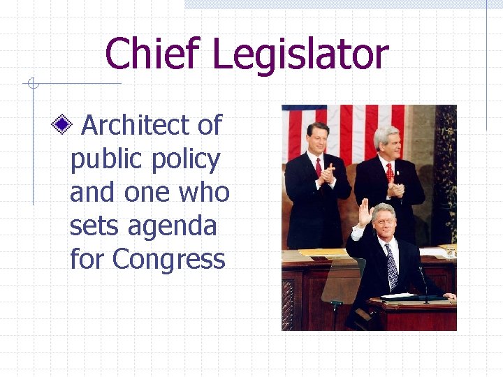 Chief Legislator Architect of public policy and one who sets agenda for Congress 