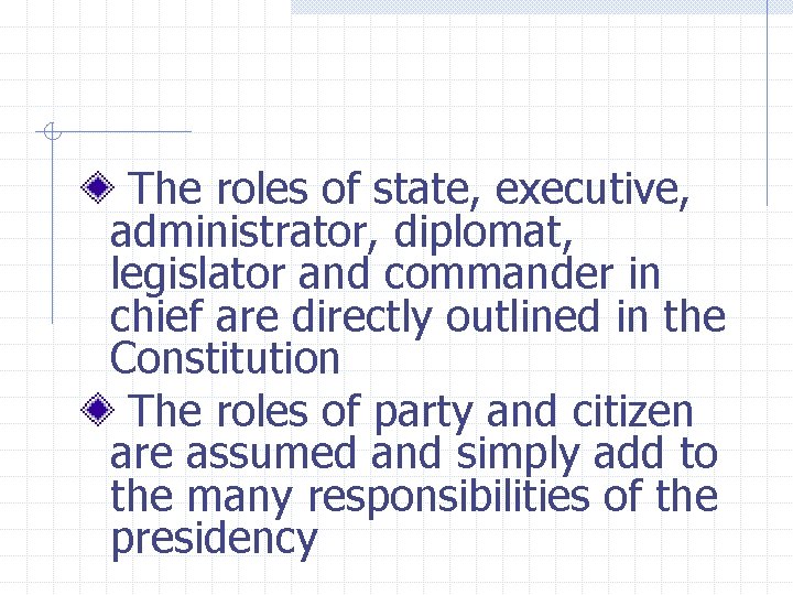 The roles of state, executive, administrator, diplomat, legislator and commander in chief are directly