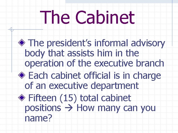 The Cabinet The president’s informal advisory body that assists him in the operation of