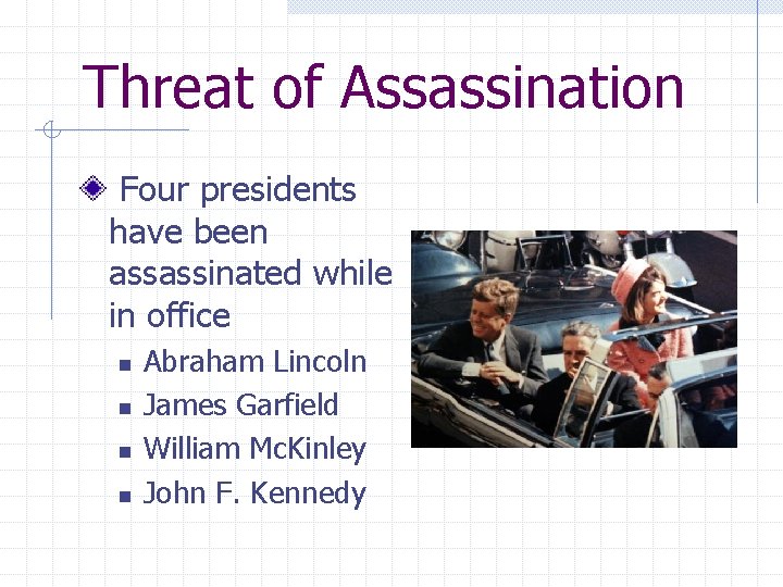 Threat of Assassination Four presidents have been assassinated while in office n n Abraham