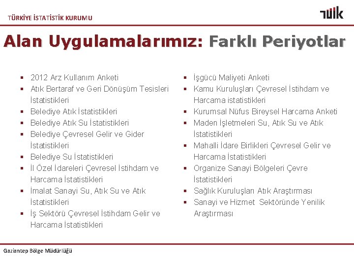 TÜRKİYE İSTATİSTİK KURUMU Alan Uygulamalarımız: Farklı Periyotlar § 2012 Arz Kullanım Anketi § Atık