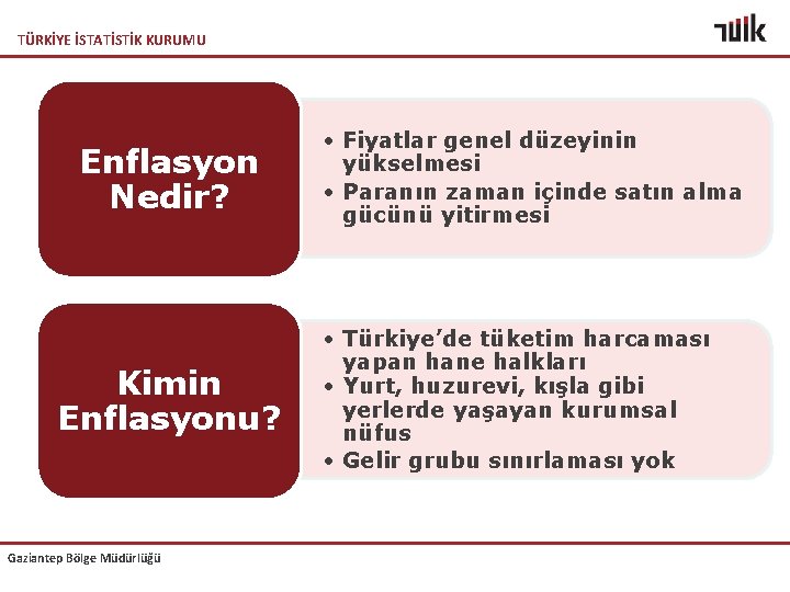 TÜRKİYE İSTATİSTİK KURUMU Enflasyon Nedir? Kimin Enflasyonu? Gaziantep Bölge Müdürlüğü • Fiyatlar genel düzeyinin