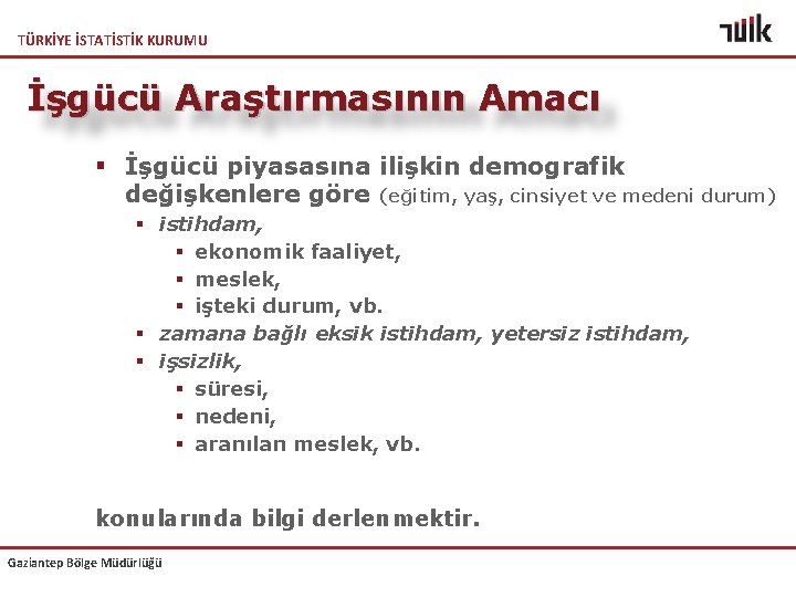 TÜRKİYE İSTATİSTİK KURUMU İşgücü Araştırmasının Amacı § İşgücü piyasasına ilişkin demografik değişkenlere göre (eğitim,