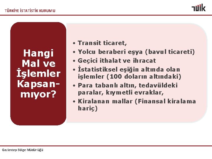 TÜRKİYE İSTATİSTİK KURUMU Hangi Mal ve İşlemler Kapsanmıyor? Gaziantep Bölge Müdürlüğü • • Transit