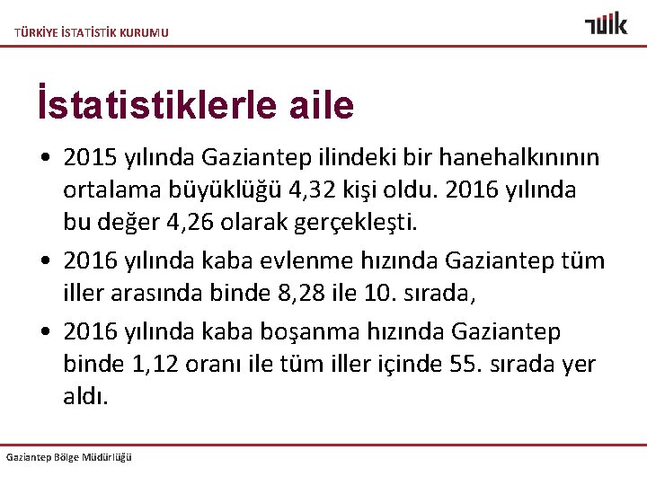 TÜRKİYE İSTATİSTİK KURUMU İstatistiklerle aile • 2015 yılında Gaziantep ilindeki bir hanehalkınının ortalama büyüklüğü
