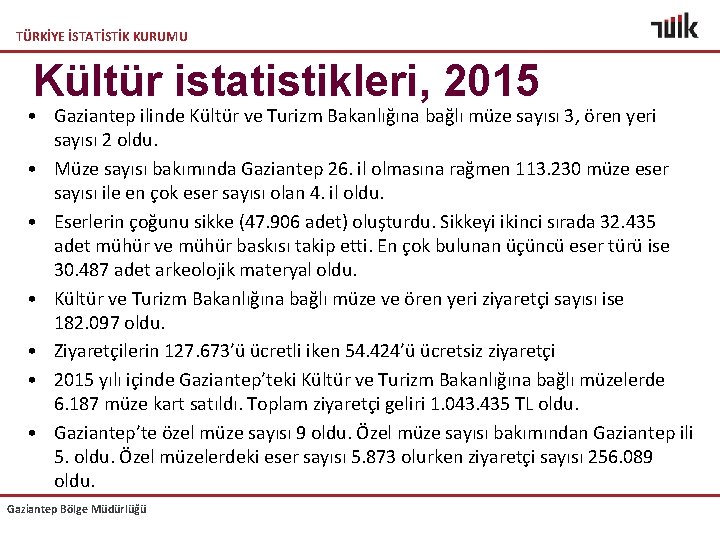TÜRKİYE İSTATİSTİK KURUMU Kültür istatistikleri, 2015 • Gaziantep ilinde Kültür ve Turizm Bakanlığına bağlı