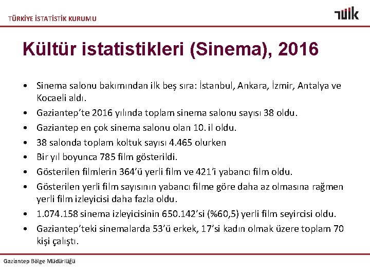TÜRKİYE İSTATİSTİK KURUMU Kültür istatistikleri (Sinema), 2016 • Sinema salonu bakımından ilk beş sıra: