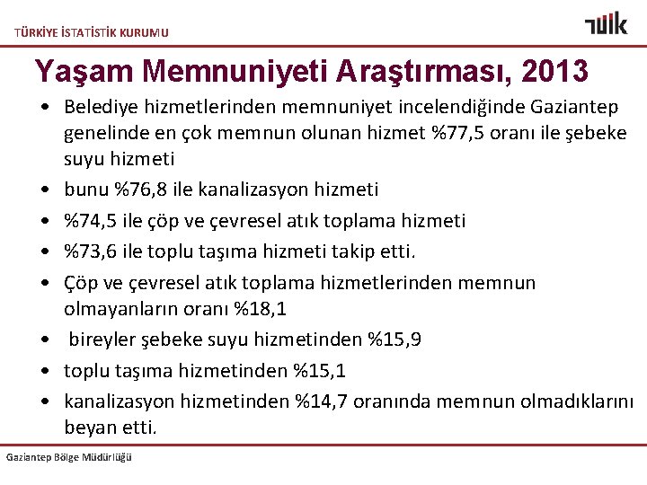 TÜRKİYE İSTATİSTİK KURUMU Yaşam Memnuniyeti Araştırması, 2013 • Belediye hizmetlerinden memnuniyet incelendiğinde Gaziantep genelinde