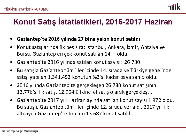 TÜRKİYE İSTATİSTİK KURUMU Konut Satış İstatistikleri, 2016 -2017 Haziran • Gaziantep’te 2016 yılında 27