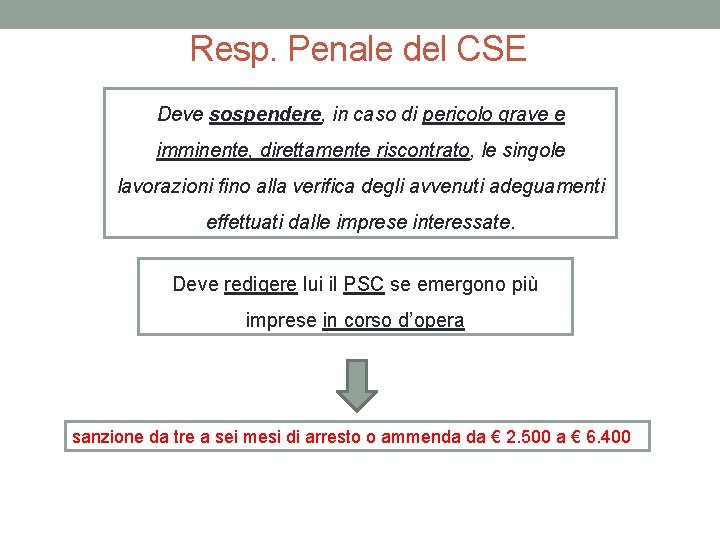 Resp. Penale del CSE Deve sospendere, in caso di pericolo grave e imminente, direttamente