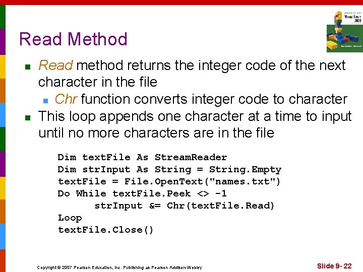 Read Method n n Read method returns the integer code of the next character