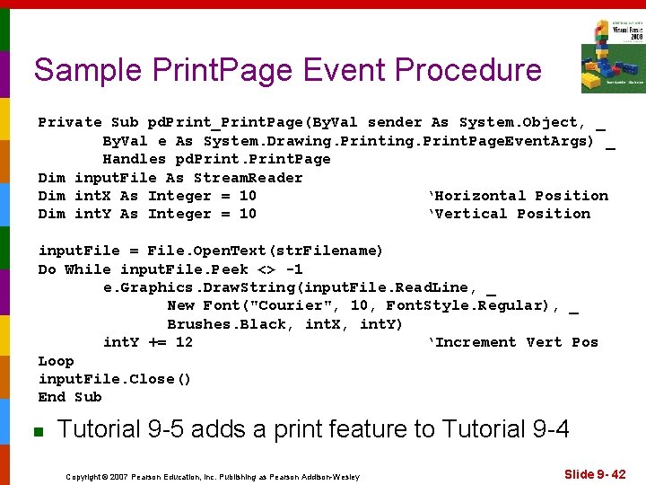 Sample Print. Page Event Procedure Private Sub pd. Print_Print. Page(By. Val sender As System.