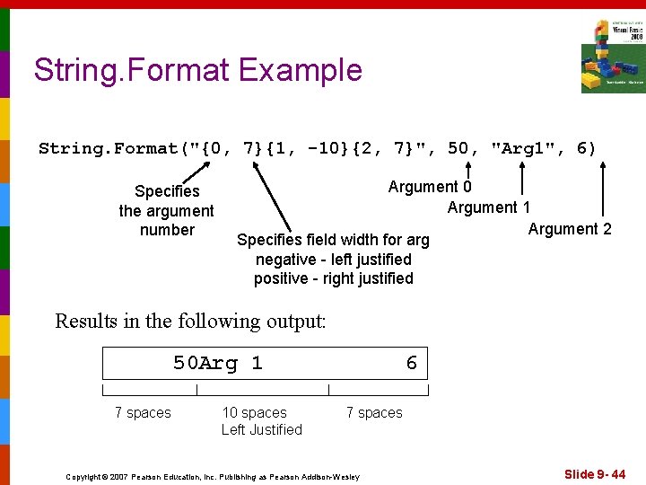 String. Format Example String. Format("{0, 7}{1, -10}{2, 7}", 50, "Arg 1", 6) Specifies the