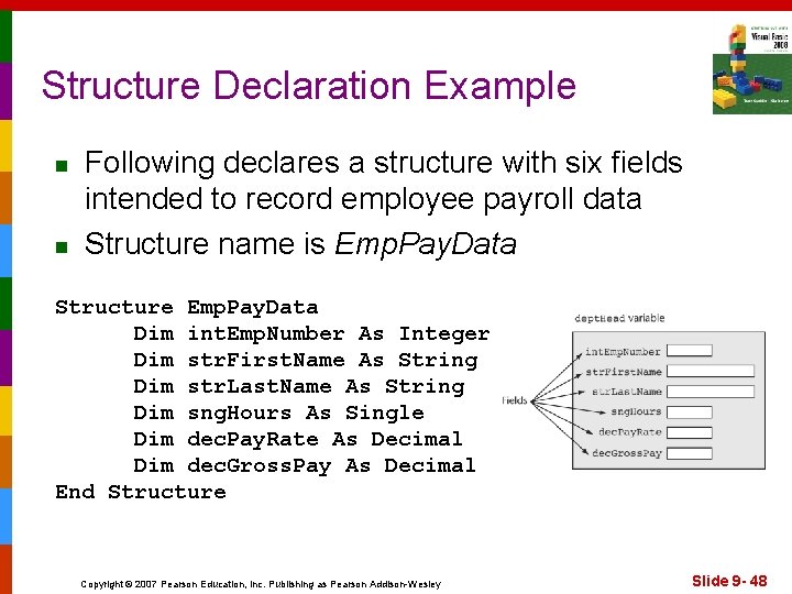 Structure Declaration Example n n Following declares a structure with six fields intended to