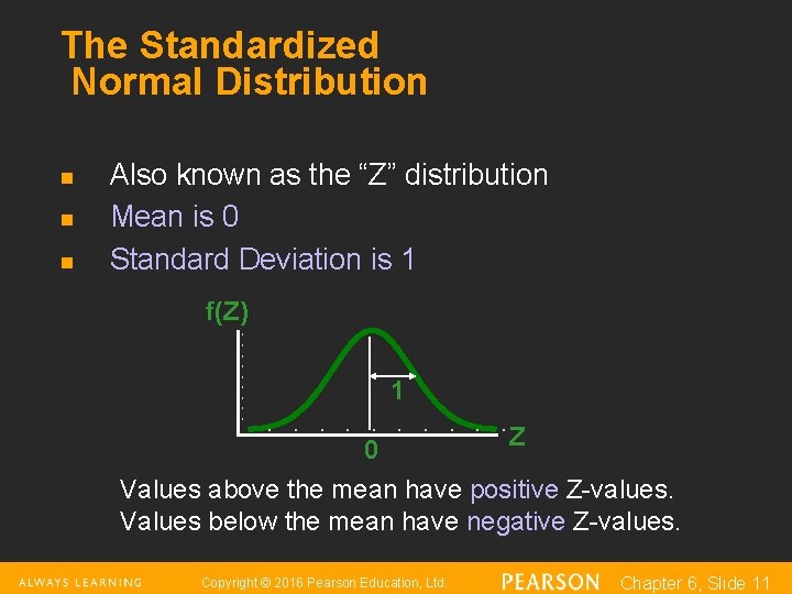 The Standardized Normal Distribution n Also known as the “Z” distribution Mean is 0 The Standardized Normal Distribution n Also known as the “Z” distribution Mean is 0