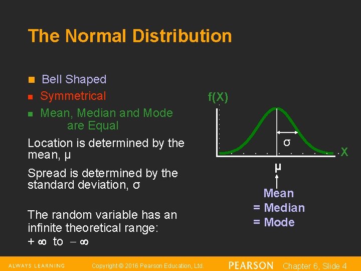 The Normal Distribution Bell Shaped n Symmetrical n Mean, Median and Mode are Equal The Normal Distribution Bell Shaped n Symmetrical n Mean, Median and Mode are Equal