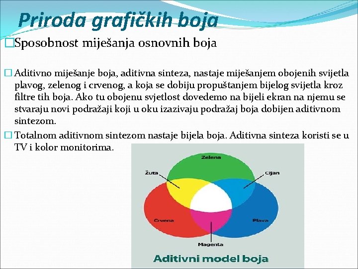 Priroda grafičkih boja �Sposobnost miješanja osnovnih boja � Aditivno miješanje boja, aditivna sinteza, nastaje