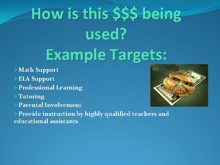 How is this $$$ being used? Example Targets: ØMath Support ØELA Support ØProfessional Learning