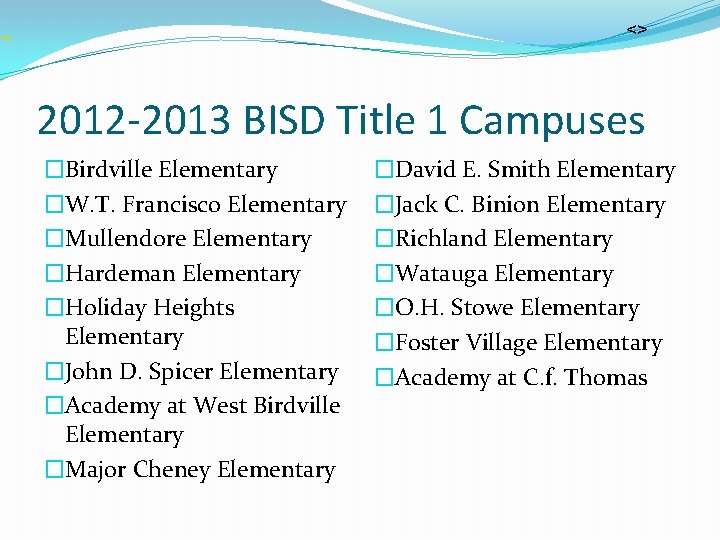 <> 2012 -2013 BISD Title 1 Campuses �Birdville Elementary �W. T. Francisco Elementary �Mullendore