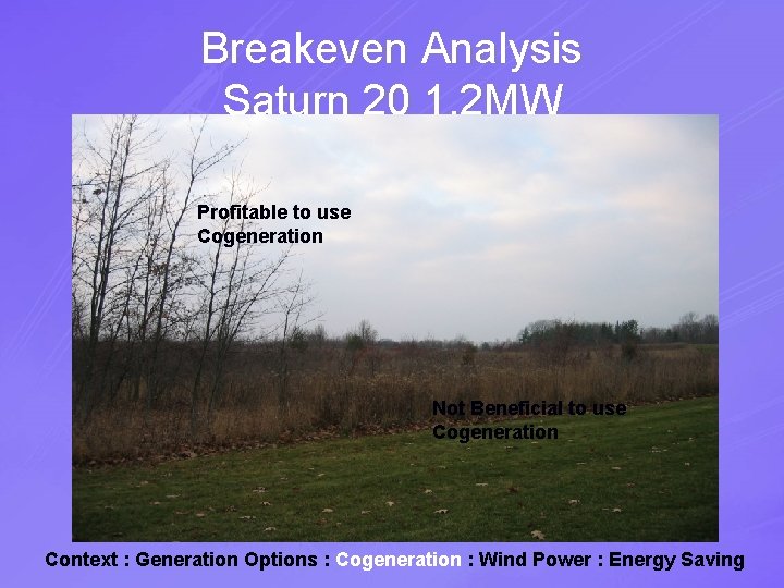 Breakeven Analysis Saturn 20 1. 2 MW Profitable to use Cogeneration Not Beneficial to