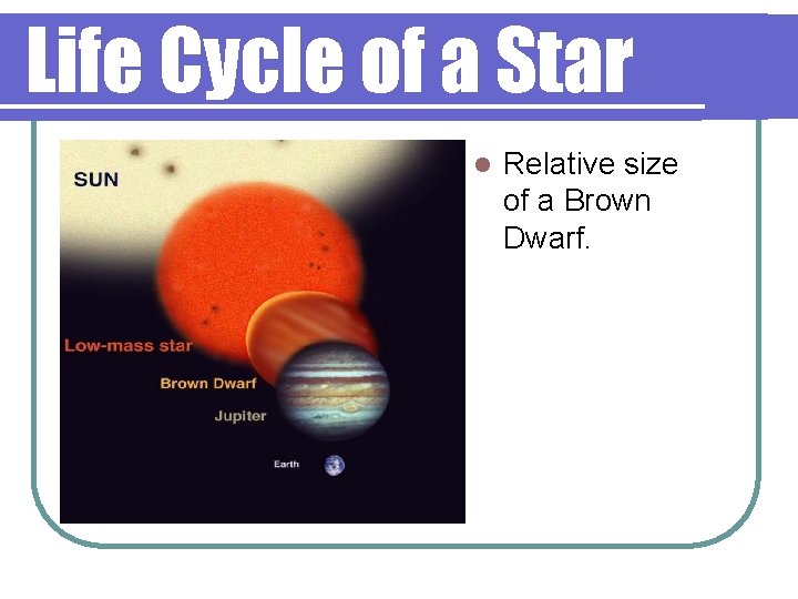 Life Cycle of a Star l Relative size of a Brown Dwarf. 