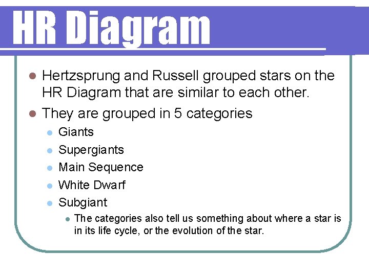 HR Diagram Hertzsprung and Russell grouped stars on the HR Diagram that are similar