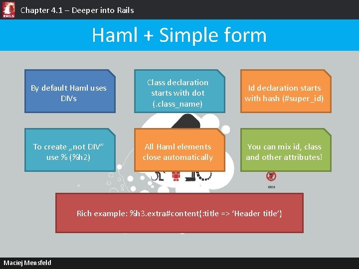 Chapter 4. 1 – Deeper into Rails Haml + Simple form By default Haml