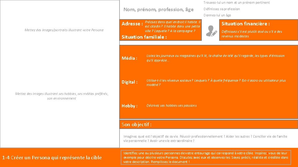 Trouvez-lui un nom et un prénom pertinent Nom, prénom, profession, âge Définissez sa profession
