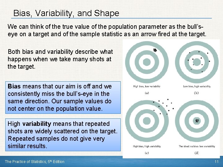 Bias, Variability, and Shape We can think of the true value of the population