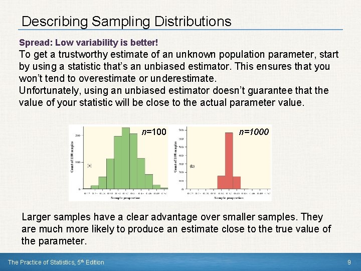 Describing Sampling Distributions Spread: Low variability is better! To get a trustworthy estimate of