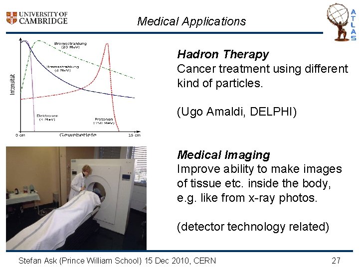 Medical Applications Hadron Therapy Cancer treatment using different kind of particles. (Ugo Amaldi, DELPHI)