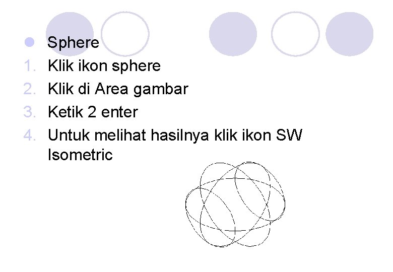 l 1. 2. 3. 4. Sphere Klik ikon sphere Klik di Area gambar Ketik