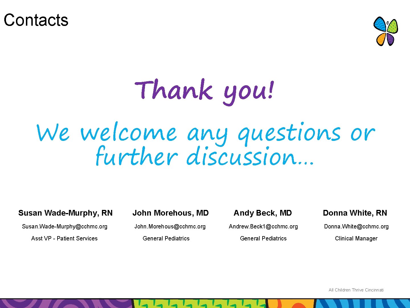 Contacts Thank you! We welcome any questions or further discussion… Susan Wade-Murphy, RN John