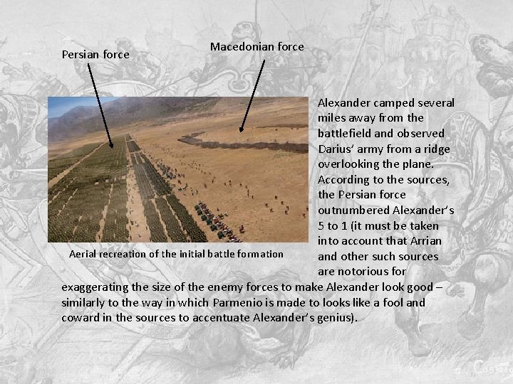 Persian force Macedonian force Alexander camped several miles away from the battlefield and observed Persian force Macedonian force Alexander camped several miles away from the battlefield and observed