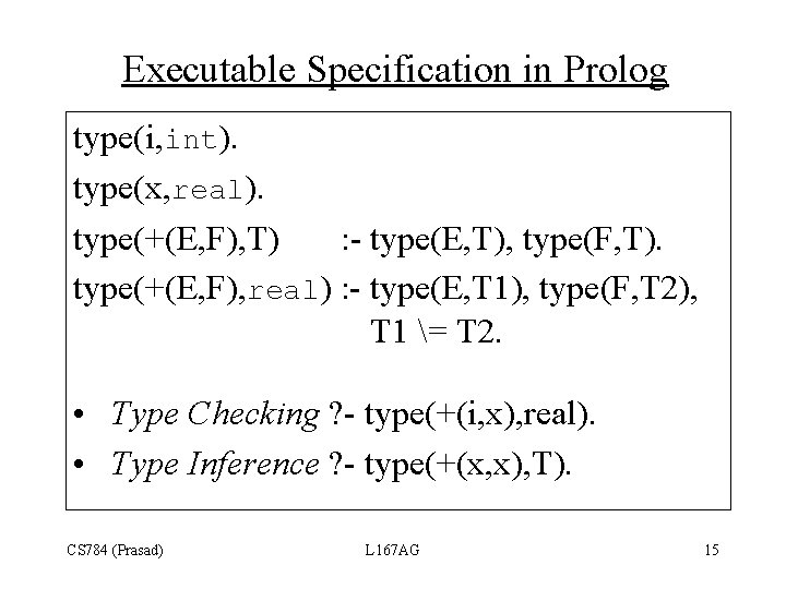 Executable Specification in Prolog type(i, int). type(x, real). type(+(E, F), T) : - type(E,