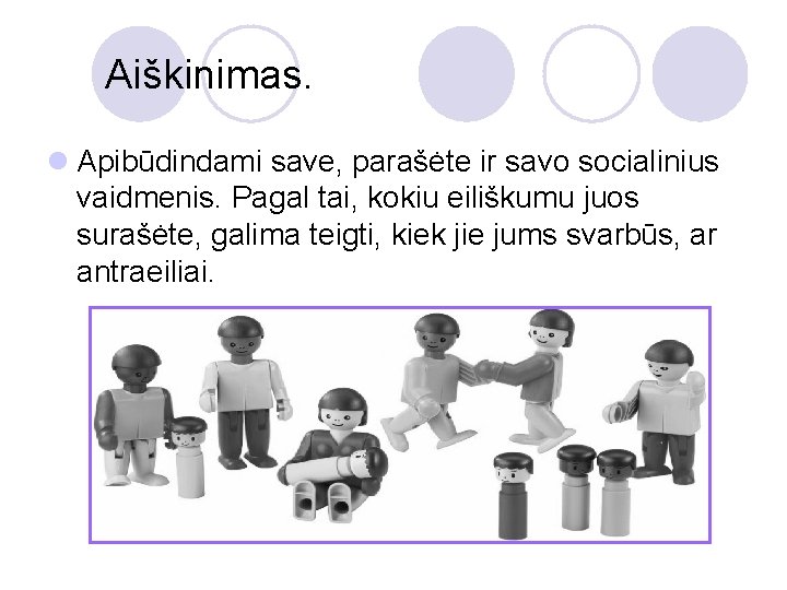 Aiškinimas. l Apibūdindami save, parašėte ir savo socialinius vaidmenis. Pagal tai, kokiu eiliškumu juos