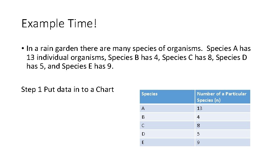 Example Time! • In a rain garden there are many species of organisms. Species